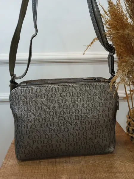 Golden Polo Marka çapraz çanta gri üç bölmeli yazılı
