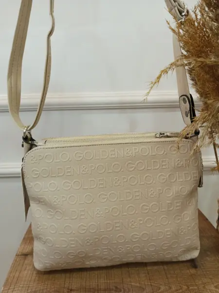 Golden Polo Marka çapraz çanta krem yazılı üç bölmeli
