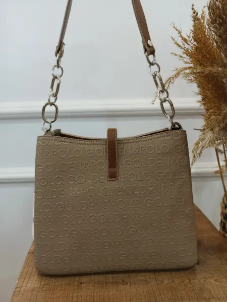 Golden Polo Marka Kol Çantası Vizon-taba yazılı Zincirli