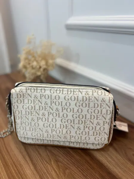 Golden Polo Marka Çapraz Çanta beyaz-taba Yazılı Desen
