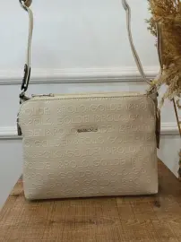 Golden Polo Marka çapraz çanta krem yazılı üç bölmeli