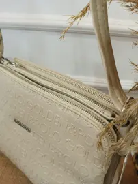 Golden Polo Marka çapraz çanta krem yazılı üç bölmeli